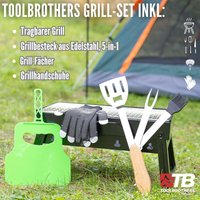 Toolbrothers - Outdoor tragbarer Holzkohle Grill Set für Camping werkzeuglose Montage 43 x 29 x 23 cm schwarz + Grillbesteck, Grillhandschuhe & von TOOLBROTHERS