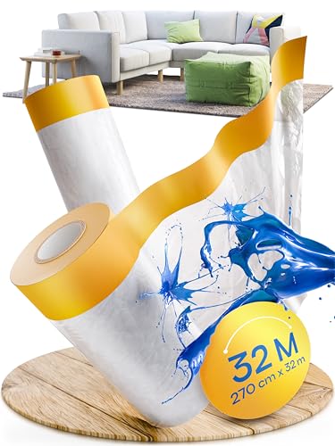 TOOLCORE® 2x Abdeckfolie mit Klebeband 270cm x 16m [Original Goldband] - Malerfolie mit Klebeband - Maler Abdeckfolie - Abdeckband mit Folie - Malerkrepp mit Folie von TOOLCORE