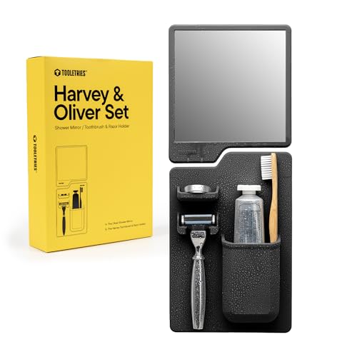 Harvey & Oliver Set (Anthrazit) Silikon Zahnbürste, Zahnpasta und Rasierer Halter plus beschlagfreier Duschspiegel Haftet auf glänzenden Oberflächen Keine Saugnäpfe Klebstoffe Hardware erforderlich. von TOOLETRIES
