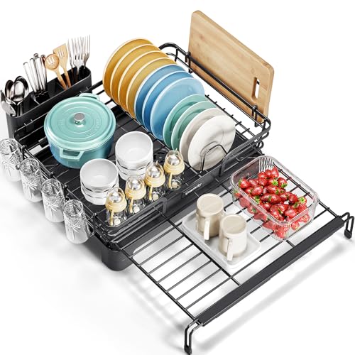 TOOLF Ausziehbares Abtropfgestell, 2-in-1-Multifunktions-Abtropfgestell für Küchentheke, erweiterbares Abtropfgestell über Spüle, großes Tellersieb mit Abtropffläche & Becherhalter, Schwarz von TOOLF
