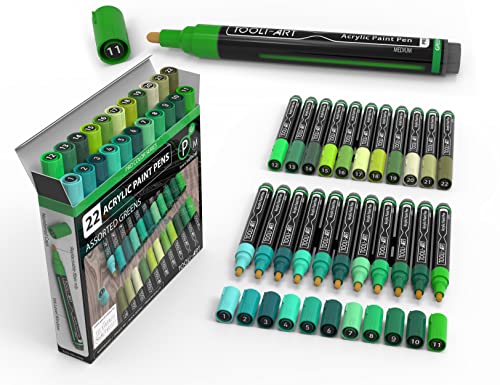 22 Stück Acrylfarben-Markerstifte Pro Color Series 3 mm mittlere Spitze für Steinmalerei Holz Kunststoff Metall Glas Leinwand DIY. Ungiftig schnell trocknend (GREEN) von TOOLI-ART