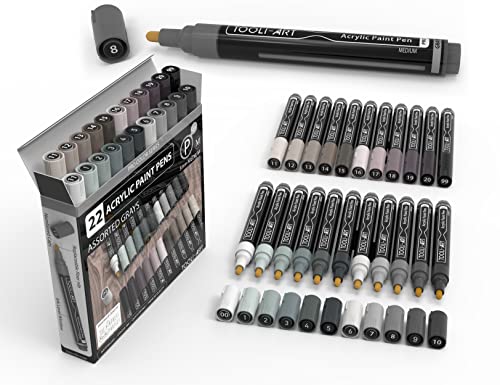 22 Stück Acrylfarben-Markerstifte Pro Color Series 3 mm mittlere Spitze für Steinmalerei Holz Kunststoff Metall Glas Leinwand DIY. Ungiftig schnell trocknend (GREY) von TOOLI-ART