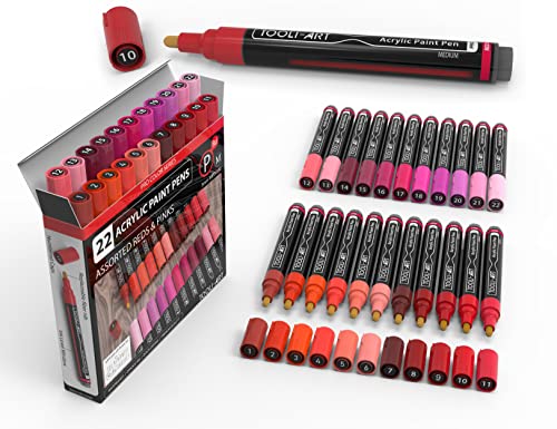 22 Stück Acrylfarben-Markerstifte Pro Color Series 3 mm mittlere Spitze für Steinmalerei Holz Kunststoff Metall Glas Leinwand DIY. Ungiftig schnell trocknend (RED) von TOOLI-ART
