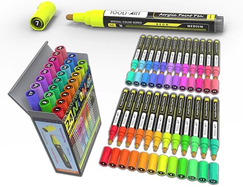 24 Neon-Fluoreszierende Acrylfarbstifte Medium Special Color Series Marker Set 3 mm Spitze Steinmalerei Glas Tassen Holz Metall Leinwand DIY Projekte Detaillierung Ungiftig Wasserbasis von TOOLI-ART
