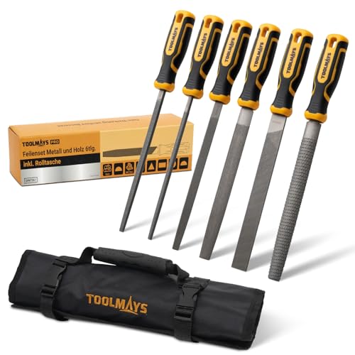 TOOLMAYS Feilenset Metall und Holz 6-tlg. Profi Feilensatz inkl Rolltasche Gummigriff Rund-/Halbrund-/Flach-/Dreieck-/Vierkantfeilen Werkstattfeilen von TOOLMAYS
