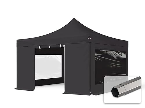 Faltzelt Faltpavillon Pavillon 4x4m - mit 4 Seitenteilen (Panoramafenster) Premium Dach Partyzelt schwarz von TOOLPORT