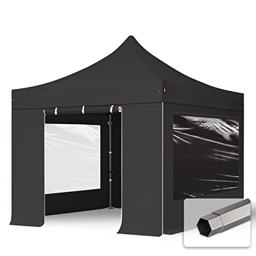 TOOLPORT Faltzelt Faltpavillon Pavillon 3x3m - mit 4 Seitenteilen (Panoramafenster) Premium Dach Partyzelt schwer entflammbar schwarz von TOOLPORT