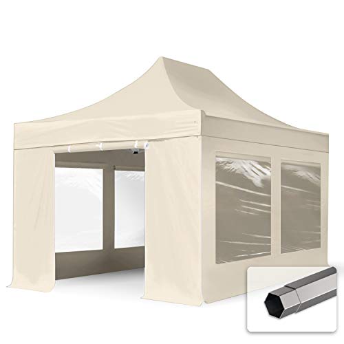 Faltzelt Faltpavillon Pavillon 3x4,5m - mit 4 Seitenteilen (Panoramafenster) Premium Dach Partyzelt Creme von TOOLPORT