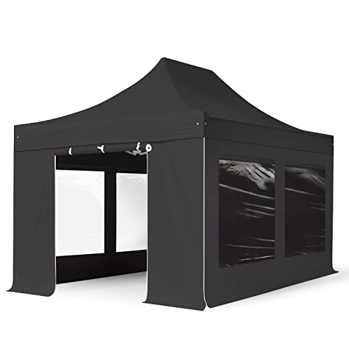 Faltzelt Faltpavillon Pavillon 3x4,5m - mit 4 Seitenteilen (Panoramafenster) Premium Dach Partyzelt FEUERSICHER schwarz von TOOLPORT