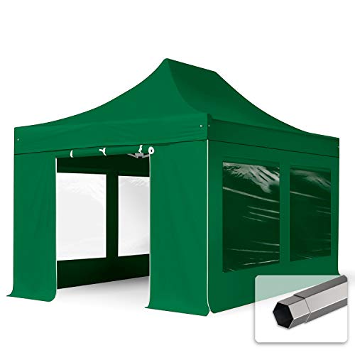 TOOLPORT Faltzelt Faltpavillon Pavillon 3x4,5m - mit 4 Seitenteilen (Panoramafenster) Premium Dach Partyzelt dunkelgrün von TOOLPORT