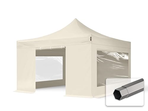 TOOLPORT Faltzelt Faltpavillon Pavillon 4x4m - mit 4 Seitenteilen (Panoramafenster) Premium Dach Partyzelt Creme von TOOLPORT