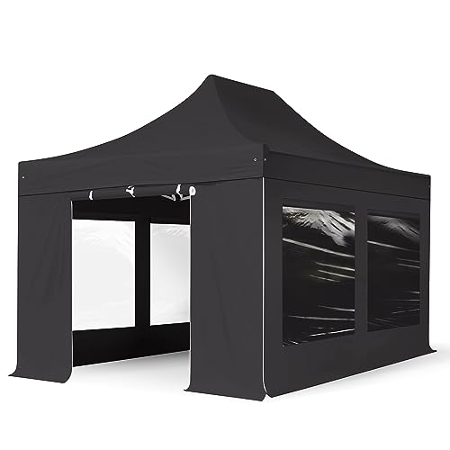 Faltzelt Professional 3x4,5 m Faltpavillon mit Seitenteilen (Panoramafenster) ALU Pavillon Partyzelt feuersicher schwarz von TOOLPORT