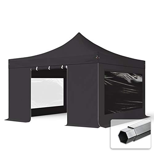 TOOLPORT Faltzelt Professional 4x4 m Faltpavillon mit Seitenteilen (Panoramafenster) ALU Pavillon Partyzelt feuersicher schwarz von TOOLPORT