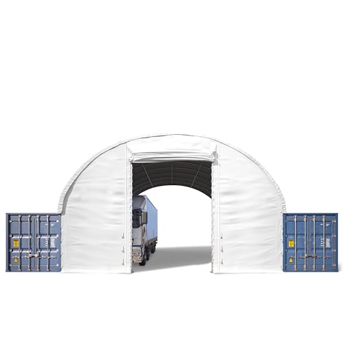 TOOLPORT Frontwand für Container Überdachung 10m Breite – PRIMEtex 2300 PVC Plane, weiß, mit Hochziehtor von TOOLPORT