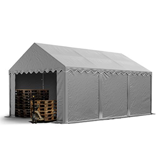 TOOLPORT Lagerzelt 4x6 m Industriezelt Unterstand PVC Plane 750 N grau mit Bodenrahmen und Dachverstärkung von TOOLPORT