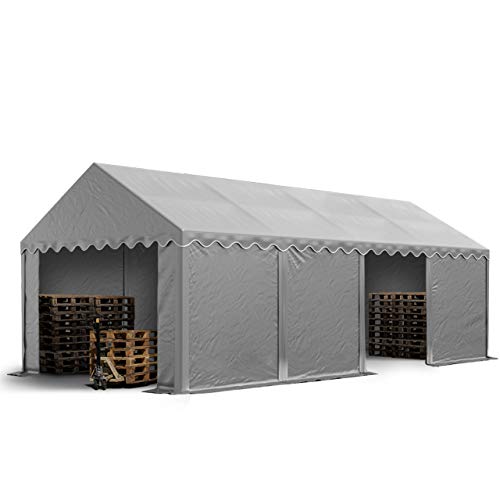 TOOLPORT Lagerzelt 4x8 m Industriezelt Unterstand PVC Plane 750 N grau mit Bodenrahmen und Dachverstärkung von TOOLPORT