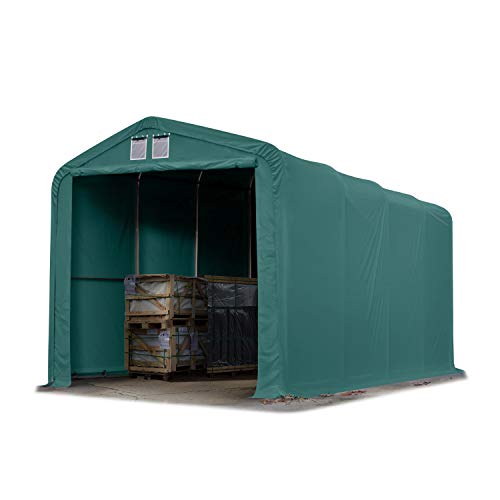 TOOLPORT Lagerzelt 4x8 m Zelthalle Unterstand / 3,35m Seitenhöhe feuersichere PRIMEtex PVC Plane 2300 N dunkelgrün mit Statik von TOOLPORT