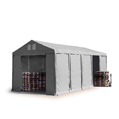 TOOLPORT Lagerzelt Industriezelt 4x10 m Zelthalle mit 3m Seitenhöhe PVC Plane 850 N grau wasserdicht Ganzjahreszelt mit Reißverschlusstor von TOOLPORT