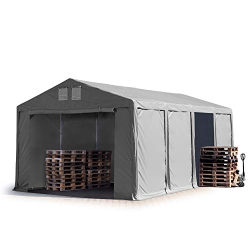 TOOLPORT Lagerzelt Industriezelt 5x8 m Zelthalle mit 3m Seitenhöhe PVC Plane 850 N grau wasserdicht Ganzjahreszelt mit Reißverschlusstor von TOOLPORT