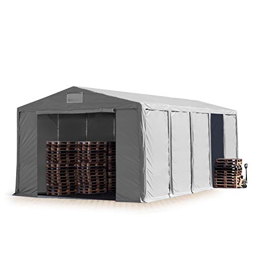 TOOLPORT Lagerzelt Industriezelt 8x10 m Zelthalle mit 3,6m Seitenhöhe PVC Plane 850 N grau wasserdicht Ganzjahreszelt mit Reißverschlusstor von TOOLPORT