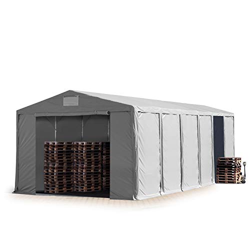 TOOLPORT Lagerzelt Industriezelt 8x12 m Zelthalle mit 3,6m Seitenhöhe PVC Plane 850 N grau wasserdicht Ganzjahreszelt mit Reißverschlusstor von TOOLPORT