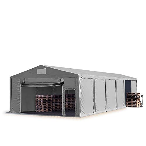 TOOLPORT Lagerzelt Industriezelt 8x12 m Zelthalle mit 3m Seitenhöhe PVC Plane 850 N grau wasserdicht Ganzjahreszelt mit Hochziehtor von TOOLPORT