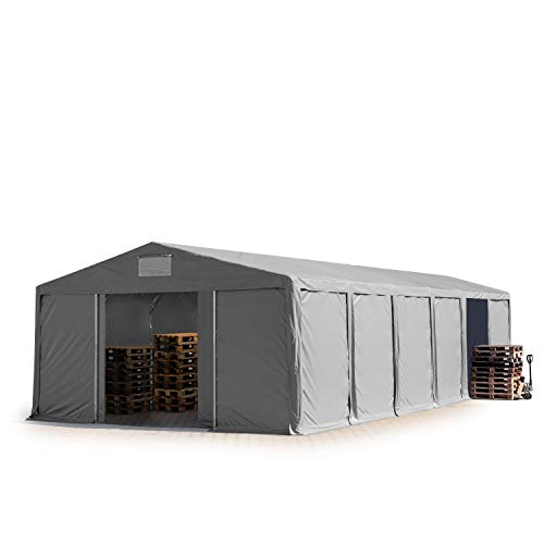 TOOLPORT Lagerzelt Industriezelt 8x12 m Zelthalle mit 3m Seitenhöhe PVC Plane 850 N grau wasserdicht Ganzjahreszelt mit Schiebetor von TOOLPORT