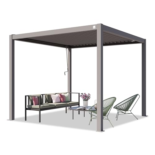 TOOLPORT PRIMEYARD Pergola 3x3 m Aluminium-Pfosten mit Lamellendach aus Stahl graue Terrassenüberdachung von TOOLPORT