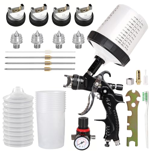 Lackierpistole Druckluft mit 10 Farbmischbecher, Spritzpistole Lackierpistole Kit, Schwarze Sprühpistole inkl.4 Düsen (1,4/1,7/2,0/2,5mm) (600ml Einweg-Cups)​ von TOOSOAR