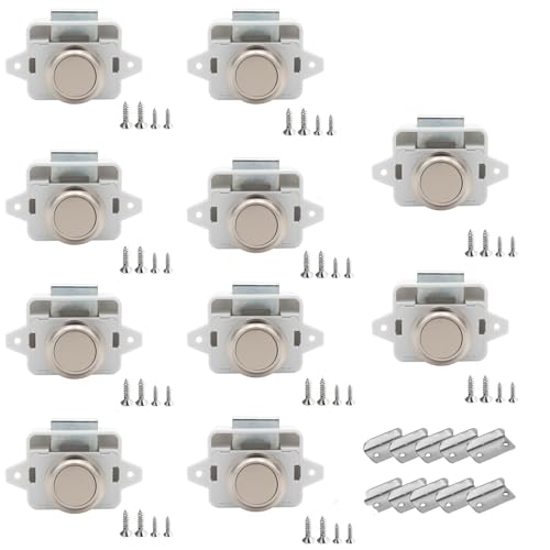 TOOSOAR 10 Stück Push Button Catch Door Lock,Door Lock Verriegelung 14-16mm Möbelschloss,Keyless Wohnmobil Verriegelung für Wohnmobile, Yachten, Boote, RV Camping Schrank, Wohnwagen(Weiß-Silber) von TOOSOAR