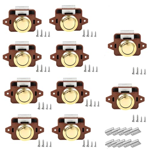 TOOSOAR 10 Stück Push Button Catch Door Lock,Door Lock Verriegelung 14-16mm Möbelschloss,Keyless Wohnmobil Verriegelung für Wohnmobile, Yachten, Boote, RV Camping Schrank, Wohnwagen(bräunlich-gold) von TOOSOAR