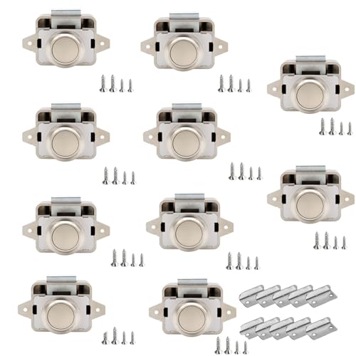 TOOSOAR 10 Stück Push Button Catch Door Lock,Door Lock Verriegelung 14-16mm Möbelschloss,Keyless Wohnmobil Verriegelung für Wohnmobile, Yachten, Boote, RV Camping Schrank, Wohnwagen (Perlnickel) von TOOSOAR