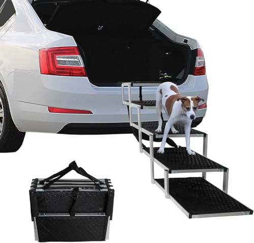 TOOSOAR Hundetreppe Auto mit 5 Stufen,Tragbare und Faltbare Haustiertreppe,Hundetreppe mit Aluminiumrahmen für Autos, SUV von TOOSOAR