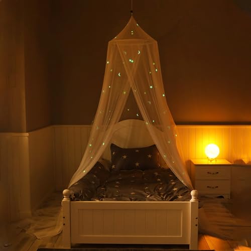 TOOSOAR Moskitonetz Bett, Betthimmel mit Fluoreszierenden Sternen und Moon Grow, Dome hängendes Bettnetz, Himmelbett Vorhänge Passend für Baby Bed, Kinder, Mädchen oder Erwachsenenbett von TOOSOAR