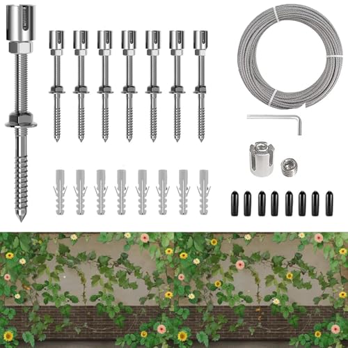 TOOSOAR Rankhilfe aus Edelstahl für Kletterpflanzen,Drahtseile System Kit für Pflanzen(8 Halter, 12m Seil) von TOOSOAR