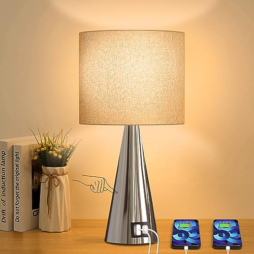 TOOWELL Nachttischlampe Touch Dimmbar Modern Nachttischlampe mit Ladefunktion USB A+C Ladeanschlüssen Kleine Tischlampe mit Kabel Tischleuchte Cone Metall Night Light für Schlafzimmer Wohnzimmer Büro von TOOWELL