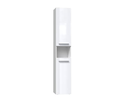 CDF Bad-Hochschrank NEL LLL | Farbe: Weiß glänzend| Modernes Badregal | Stauraumschrank | Geräumige Einlegeböden | Türen | Einfache Montage | Stilvolle Griffe | Wäschekorb von CDF