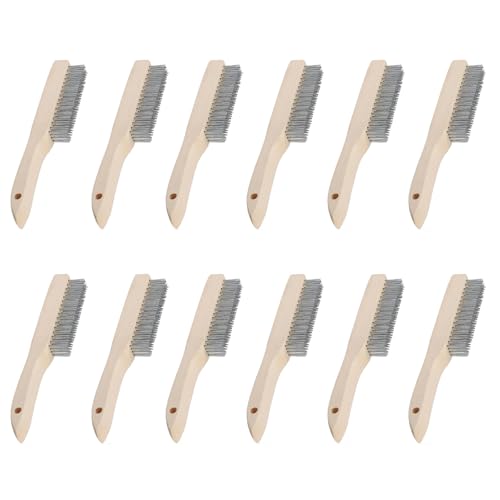 12 Stück Holzgriff Griff Drahtbürsten zum Reinigen Kleiner Teile Details, Kohlenstoffstahlborsten für Metall, Holz, Herd, Waschbecken, Rost und Schweißschlacke von TOP-MAX