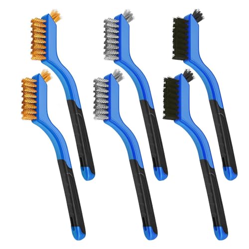 6 Stück Drahtbürsten, Drahtbürsten zum Reinigen Kleiner Teile, Messing/Edelstahl/Nylonborstenbürsten für Metall, Holz, Herd, Spüle, Rost und Schweißschlacke, Blau von TOP-MAX
