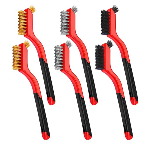 6 Stück Drahtbürsten, Drahtbürsten zum Reinigen Kleiner Teile, Messing/Edelstahl/Nylonborstenbürsten für Metall, Holz, Herd, Spüle, Rost und Schweißschlacke, Rot von TOP-MAX