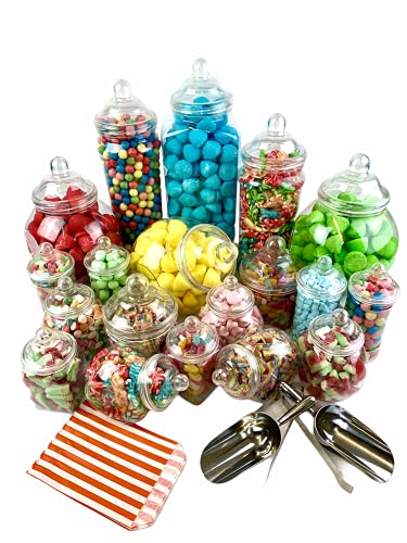 Top Star Vintage-Gefäße für Süßigkeiten, viktorianisches Pick & Mix Süßigkeiten-Buffet-Kit, Party Pack - 19 x Behälter , 2 x Schaufel, 2 x Zange, 100 x Beutel Orange von TOP STAR