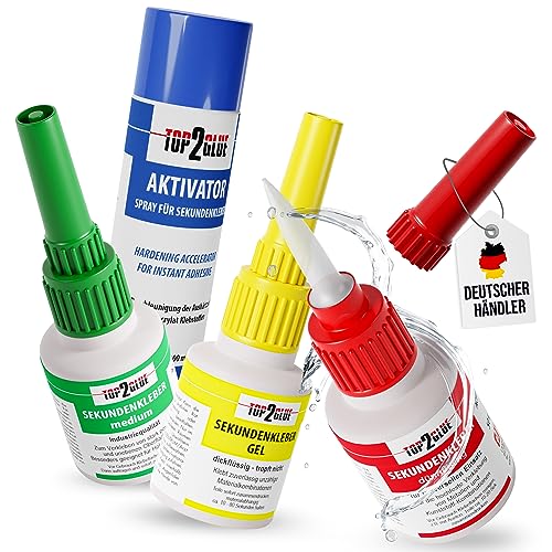 3 x 50g Sekundenkleber mit Aktivator Spray 200ml - Alleskleber Set XXL- Cyanacrylat Industriekleber von Top2Glue - 1 x Dünnflüssig 1 x Mittelviskos 1 x Dickflüssig (Gel) von TOP2GLUE