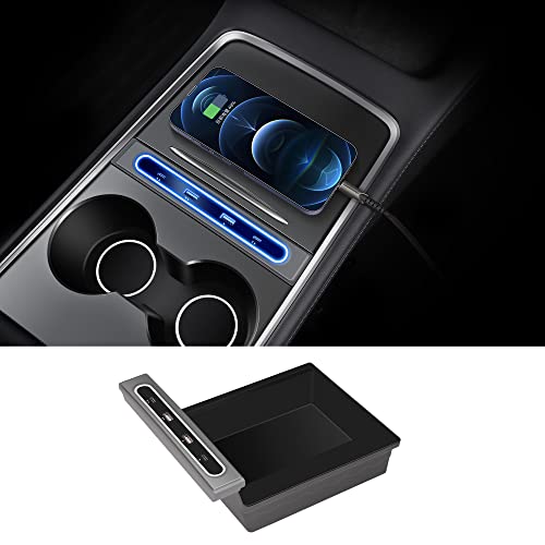 TOPABYTE Tesla USB LED Hub mit Mittelkonsole Organizer Tray für Model 3 und Model Y 2019–2023 unterstützt 27 W Schnellladung, Nicht für Model 3 Highland von TOPABYTE