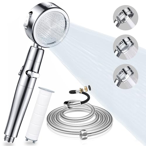 TOPAHGOD Duschbrause mit Schlauch 2M, Duschkopf mit Filter, Wassersparender Shower Head mit 3 Strahlarten, Verchromung Duschbrause für Hartes Wasser, Rest-Chlor, Bakterien, Schwermetall von TOPAHGOD