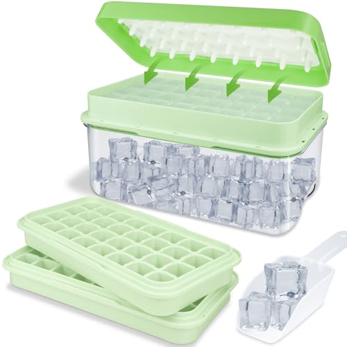 Eiswürfelbehälter mit Deckel und Behälter Set, Leicht zu Lösen und Aufbewahrung Eis, 64 Stück Eiswürfel für Gekühlte Getränke/Obst/Babynahrung, 2 Silikon Eiswürfelform+1 Eiskübel+1 Schaufel, Grün von TOPAHGOD
