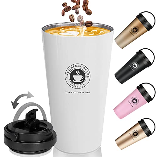 Thermobecher Kaffee To Go - Thermo-Coffee-To-Go-Becher, Auslaufsicher Kaffeebecher mit Henkel & Deckel, Doppelwandig Isolierbecher 500ml aus Edelstahl-Travel Mug Für Kaffee & Tee(17Oz, Weiß) von TOPAHGOD