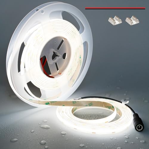 TOPAI 12V COB LED Streifen 5000K Wasserdicht IP65, LED Strip 5M Tageslicht Aussenbereich, CRI>90 Sehr Hell 4000lm LED Band Selbstklebend, 480LEDs/M Flexible Schneidbar für Küche Wohnzimmer von TOPAI
