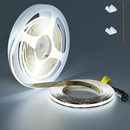 TOPAI 12V COB LED Streifen 5M Kaltweiß 6000K Schwarz PCB Dimmbar 480LED/M CRI>90 Sehr Hell 4000Lm Selbstklebend Flexible Schneidbar Non Wasserdicht für Innen (Netzteil nicht enthalten) von TOPAI