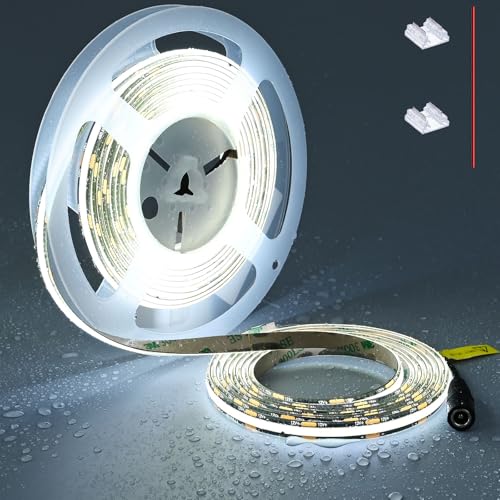 TOPAI 12V COB LED Streifen 5M Kaltweiß IP65 Wasserdicht Schwarz PCB Dimmbar 480LED/M CRI>90 Sehr Hell 4000Lm Außen 6000K LED Strip Selbstklebend Flexible Schneidbar (Netzteil nicht enthalten) von TOPAI