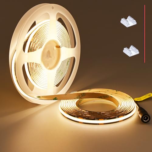 TOPAI 12V COB LED Streifen 5M Warmweiss 3000K Schwarz PCB Dimmbar 480LED/M CRI>90 Sehr Hell 4000Lm Selbstklebend Flexible Schneidbar Non Wasserdicht für Innen (Netzteil nicht enthalten) von TOPAI